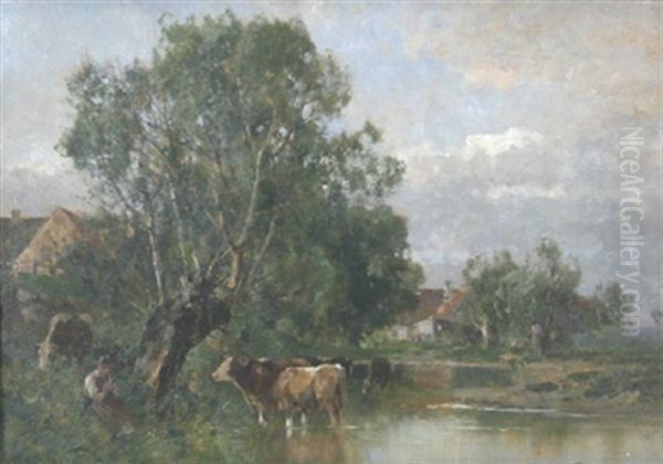 Kuhe Am Wassertumpel Im Dachauer Moos Oil Painting by Karl Adam Heinisch