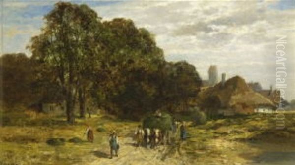 Bauern Mit Heufuhrwerk Vor Dem Dorf Oil Painting by Karl Adam Heinisch