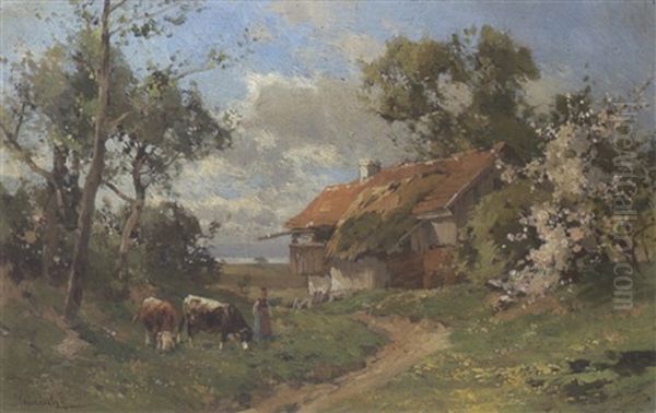 Bauernhof, Links Bauerin Mit Kuhen by Karl Adam Heinisch