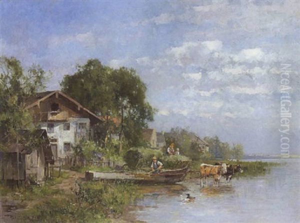 Fischerhauser Am Seeufer (am Chiemsee?) Oil Painting by Karl Adam Heinisch