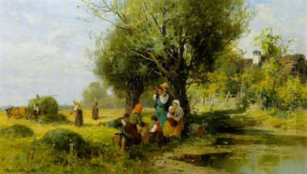 Landvolk, Im Schatten Eines Baumes An Einem Gewasser Rastend Oil Painting by Karl Adam Heinisch