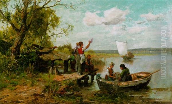 Chiemsee. Fischerfamilie Am Bootsteg Oil Painting by Karl Adam Heinisch