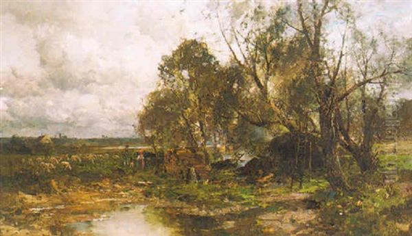 Bauern Mit Schafen In Moorlandschaft Oil Painting by Karl Adam Heinisch