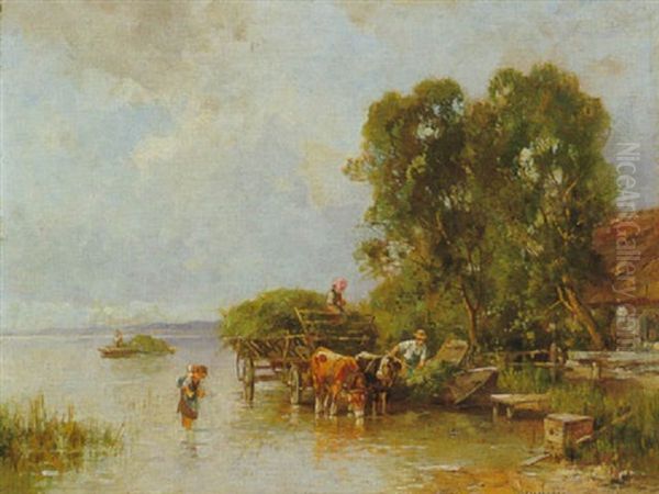 Heuwagen Am Chiemsee Oil Painting by Karl Adam Heinisch