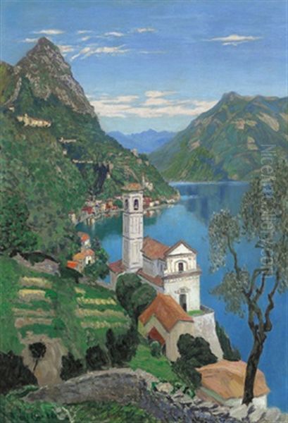 Blick Auf St. Marnett Am Luganer See Mit Der Kirche Von Albogasio Oil Painting by Theophil Heinke