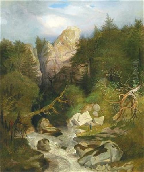 Hunter In A Gorge Oil Painting by Heinrich Heinlein