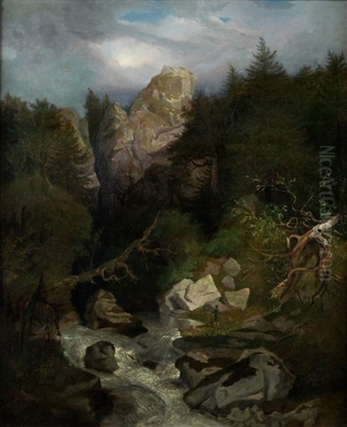 Gebirgslandschaft Mit Fluss Und Wanderer Oil Painting by Heinrich Heinlein