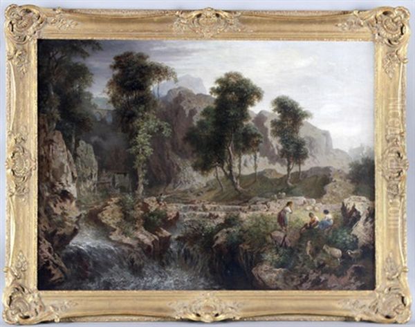 Bergige Italienische Landschaft Mit Hirten An Einem Wasserfall Oil Painting by Heinrich Heinlein