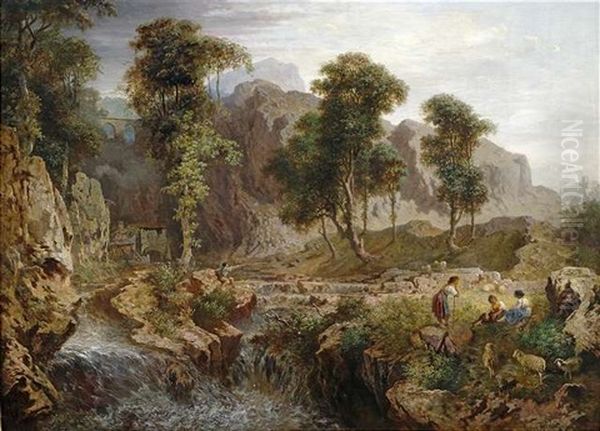 Tiroler Gebirgslandschaft Mit Schafern An Einem Rauschenden Bach Oil Painting by Heinrich Heinlein