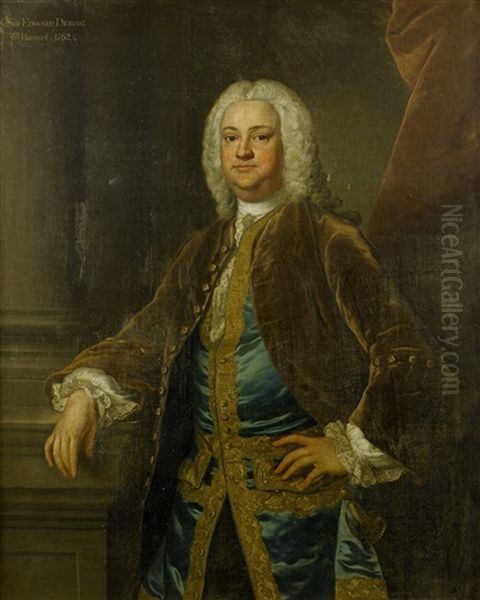 Portrait Of Sir Edward Dering, In A Gold Velvet Coat, A Blue Embroidered Waistcoat And A White Chemise, Standing Before A Red Curtain Oil Painting by John Theodore Heins Sr.