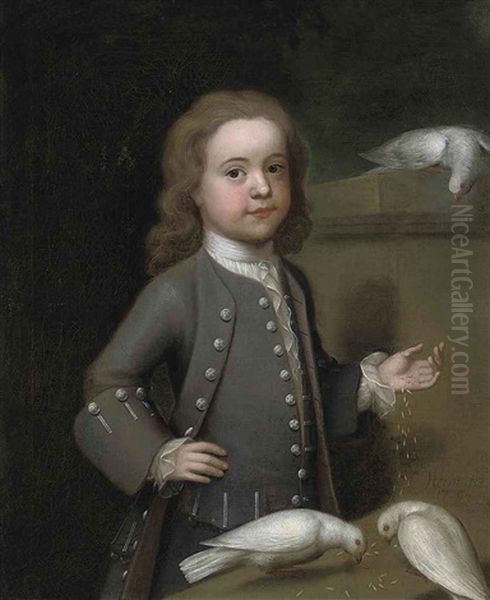 Portrait Of Master Harry Spark Patterson (1725-1764) In A Grey Coat, Feeding Three Doves On A Ledge Oil Painting by John Theodore Heins Sr.