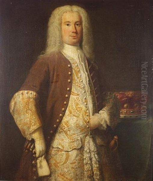 Portrait Of A Nobleman, Three-quarter-length, In A Brown Coat And Gold And Silver Embroidered Waistcoat, Standing Beside A Baron's Coronet On A Table Oil Painting by John Theodore Heins Sr.