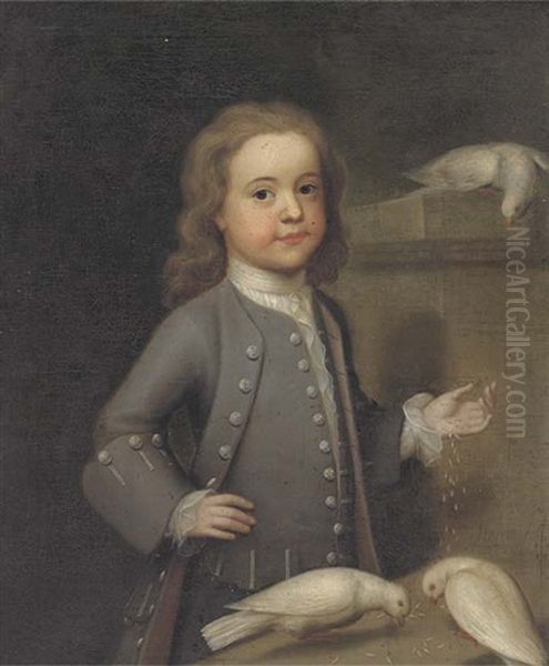 Portrait Of Master Harry Spark Patterson (1725-1764), Three-quarter-length, In A Grey Coat, Feeding Three Doves On A Ledge Oil Painting by John Theodore Heins Sr.