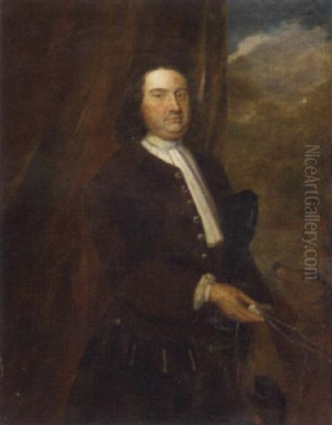 Portrait Of A Gentleman In A Brown Coat And White Stock, A Tricorn Under His Arm, A Dog By His Side Oil Painting by John Theodore Heins Sr.