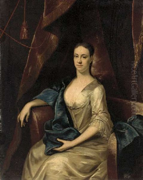 Protrait Of Rebecca Branthway In A White Satin Dress And Blue Wrap In A Draped Interior Oil Painting by John Theodore Heins Sr.