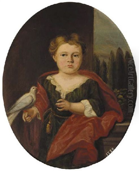 Portrait Of Mary Dudgeon In A Green Dress And Red Wrap, A Pigeon Perched On Her Right Hand, A Landscape Beyond Oil Painting by John Theodore Heins Sr.