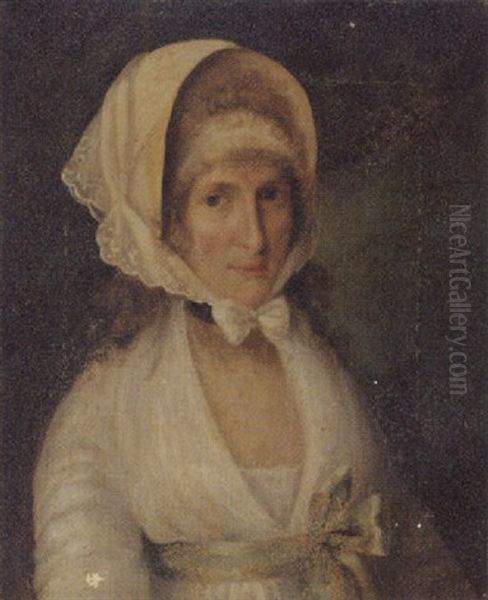 Portrait Of Mrs. James Beevor In A White Dress With A Green Sash And A White Lace Bonnet Oil Painting by John Theodore Heins Sr.