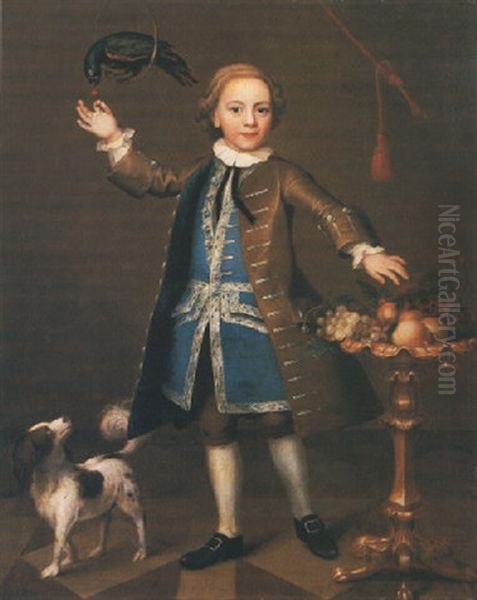 Portrait Of A Young Man, Wearing A Blue And Silver Waistcoat, Brown Coat And Britches Oil Painting by D. Heins