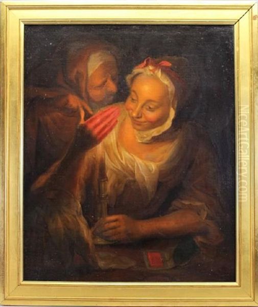 Two Women By Candlelight Oil Painting by John Theodore Heins