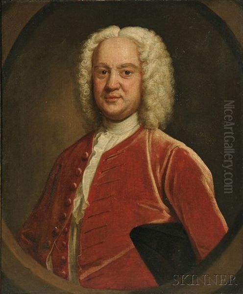 Wigged Gentleman In A Red Velvet Coat In A Feigned Oval Oil Painting by John Theodore Heins