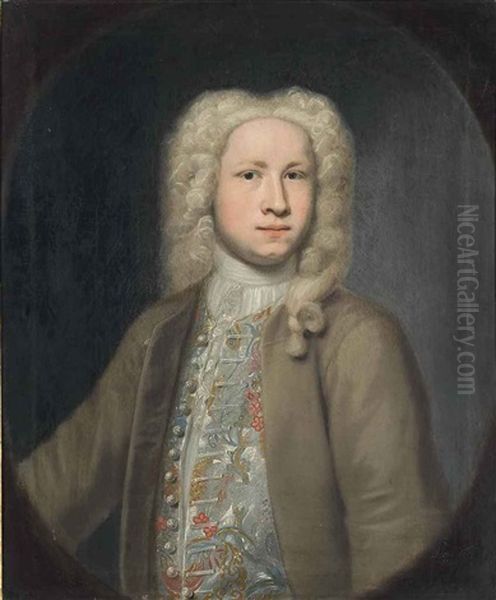 Portrait Of John Davy, Half-length, In A Brown Coat And Embroidered Waistcoat Oil Painting by John Theodore Heins