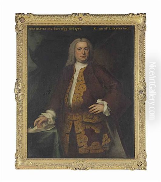 Portrait Of John Harvey (1699-1750), Three-quarter-length, In A Brown Coat And Gold Embroidered Waistcoat, Beside A Green Draped Table With A Letter Oil Painting by John Theodore Heins