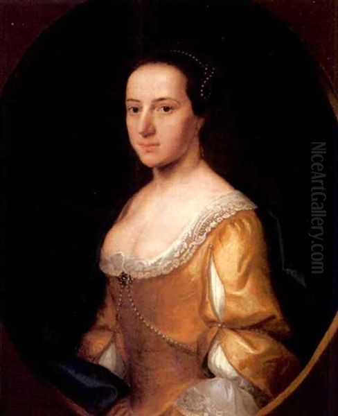 Portrait Of A Lady (dorothy Wiggert?) Wearing A Yellow Dress With Pearl Decoration, A Blue Shawl Around Her Shoulders Oil Painting by John Theodore Heins