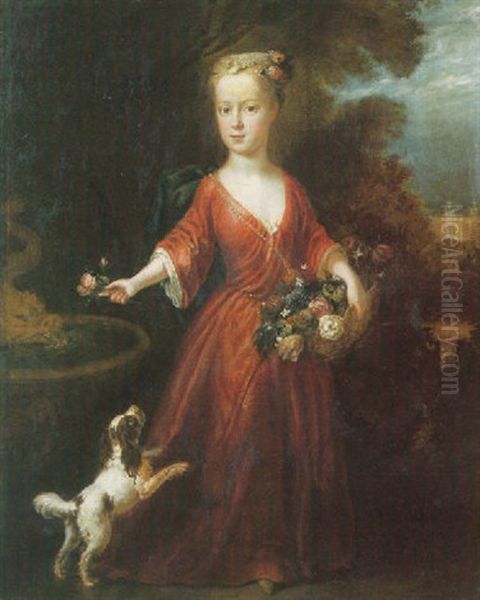 Portrait Of A Girl In A Red Dress, Holding A Basket Of Flowers, A Spaniel At Her Side Oil Painting by John Theodore Heins