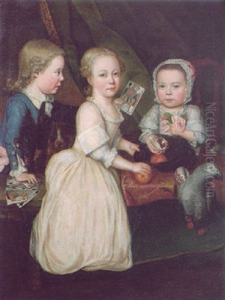 Portrait Of A Boy Holding Playing Cards Beside Two Girls With A Still Life Of Apples, Shells, A Rose, And A Grey Parrot In An Interior Oil Painting by John Theodore Heins