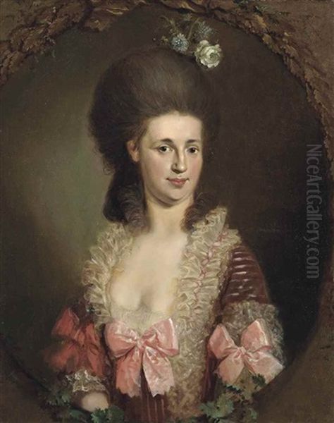 Portrait Of A Lady, Half Length, In A Dress Embroidered With Bows, Flowers In Her Hair, In A Feigned Oval Of Oak Leaves Oil Painting by Johann Ernst Heinsius