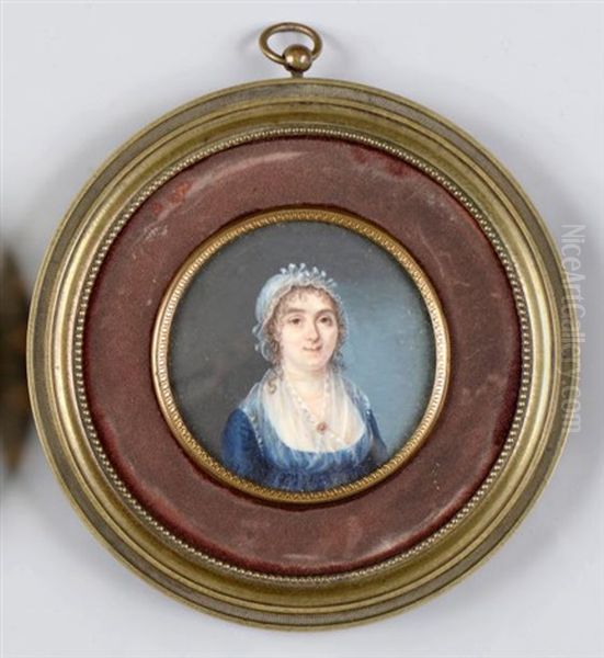 Portrait De Jeune Femme En Robe Et Bleue Et Caraco De Voile Blanc Agrafe D'une Broche, Bonnet De Dentelle Et Coiffee De Boucles Retombantes Oil Painting by Johann Ernst Heinsius