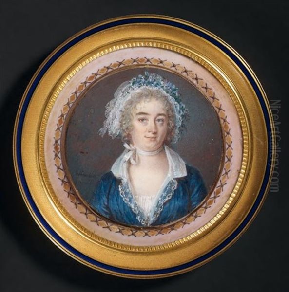 Portrait D'une Femme En Robe De Soie Bleue, Coiffee D'un Bonnet De Dentelle Orne De Fleurs Oil Painting by Johann Ernst Heinsius