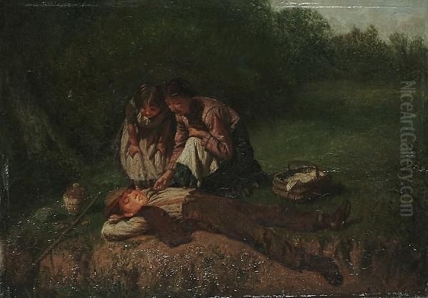 Children Relaxing By A Riverbank Oil Painting by J.O. Banks