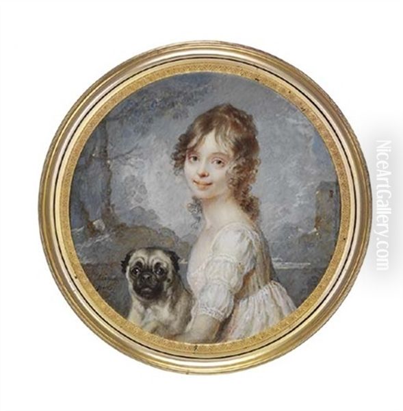 A Girl, In A White Dress Holding A Pug Dog, With A Landscape Background Oil Painting by Johann Ernst Heinsius