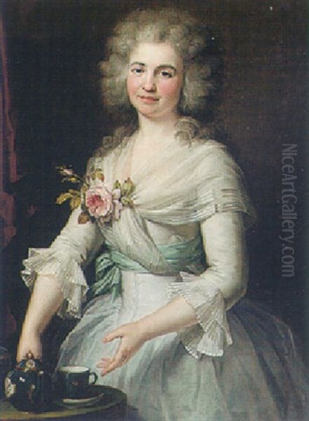 Portrait Of Madeleine Dugas, Later Madame Fructus, Standing By A Table Serving Tea Oil Painting by Johann Ernst Heinsius