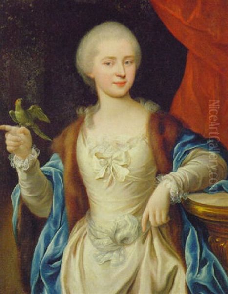 Portrait Of A Lady (the Marchesa Asinari Di Caraglio?) In A White Dress With A Blue Mantle Oil Painting by Johann Ernst Heinsius