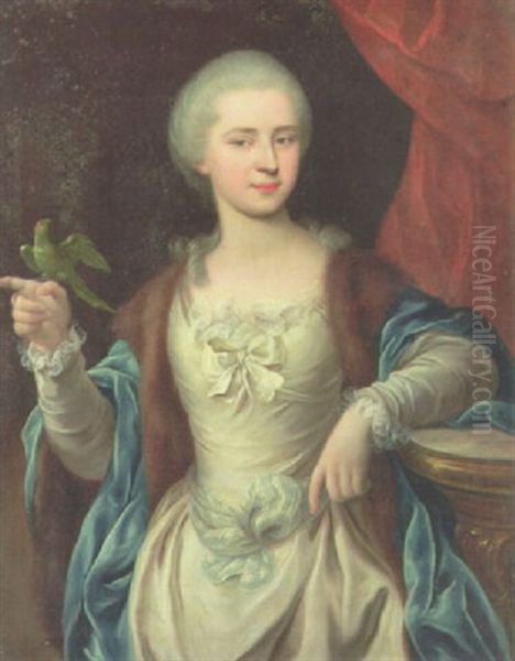 Portrait Of A Lady (marchesa Asinari De Caraglio?) In A White Dress With A Blue Mantel, A Parakeet On Her Hand Oil Painting by Johann Ernst Heinsius