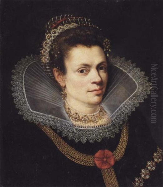 A Portrait Of A Lady Wearing A Black Dress, A White Ruff, A Pearl Necklace And A Diadem In Her Hair Oil Painting by Joseph Heintz the Elder