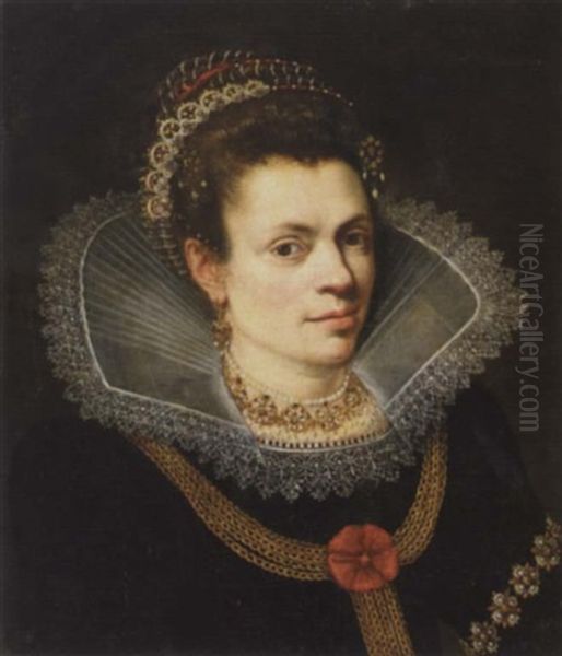 A Portrait Of A Lady Wearing A Black Dress, A White Ruff, A Pearl Necklace And A Diadem In Her Hair Oil Painting by Joseph Heintz the Elder