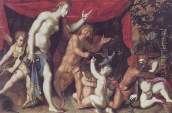 Venus, Cupido Og Sma Putti Som Sig Kysser Oil Painting by Joseph Heintz the Elder