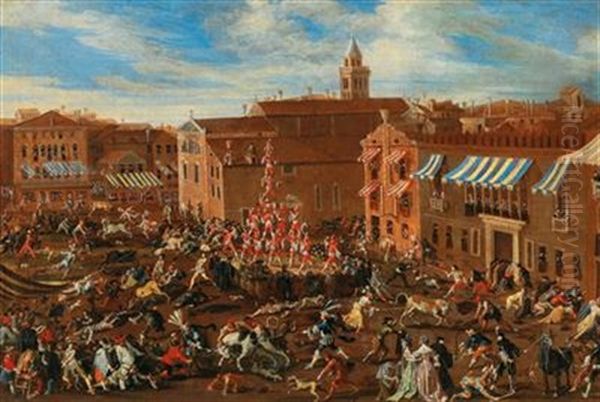 The Bull Hunt In Campo San Polo, Venice Oil Painting by Joseph Heintz the Younger