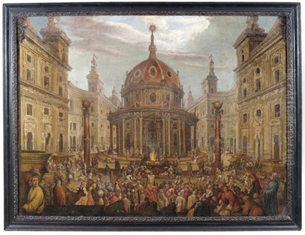 Italienische Idealvedute Mit Einer Opferszene Vor Einem Rundtempel, Der Zahlreiche Schaulustige Beiwohnen Oil Painting by Joseph Heintz the Younger