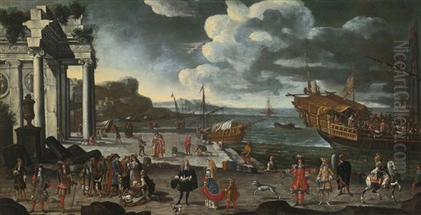 View Of An Imaginary Port With Ruins, A Galley At Anchor, Fishermen And Members Of Nobility Oil Painting by Joseph Heintz the Younger