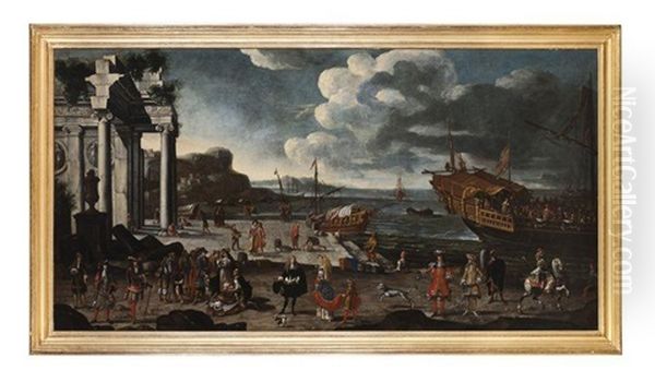 Vue D'un Port Imaginaire Avec Ruines, Galeres Au Mouillage, Marins, Pecheurs Et Membres De La Noblesse Oil Painting by Joseph Heintz the Younger