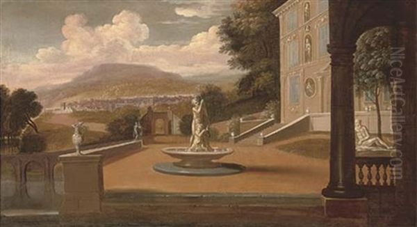 A Capriccio Of A Palace Courtyard With A Fountain, A Town Beyond Oil Painting by Joseph Heintz the Younger