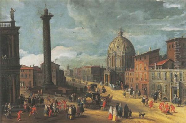 A Capriccio Of An Italianate Piazza With Trajan's Column And The Sansovino Library With Figures Celebrating Carnival Oil Painting by Joseph Heintz the Younger