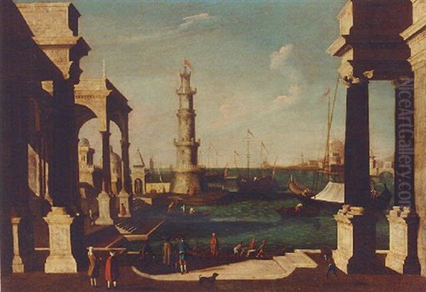 A Capriccio Of A Mediterranean Harbour With Figures On A Quayside Oil Painting by Joseph Heintz the Younger