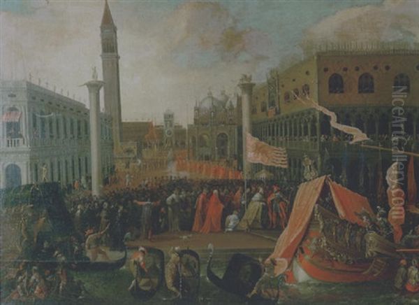 Lo Sbarco Alla Piazzetta Di San Marco Di Un Capitano Da Mar, Accolto Dal Doge Francesco Molin Oil Painting by Joseph Heintz the Younger