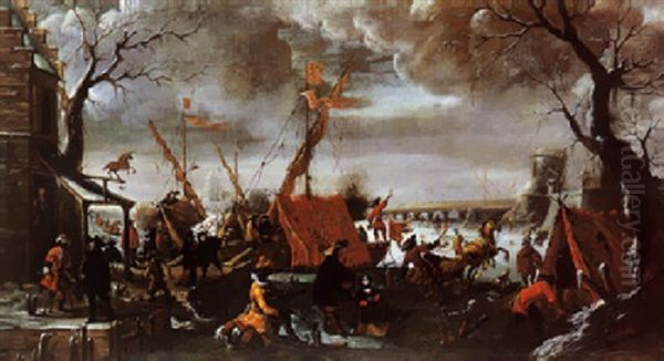 La Procession Des Saltimbanques Sur Un Lac Gelee Oil Painting by Joseph Heintz the Younger