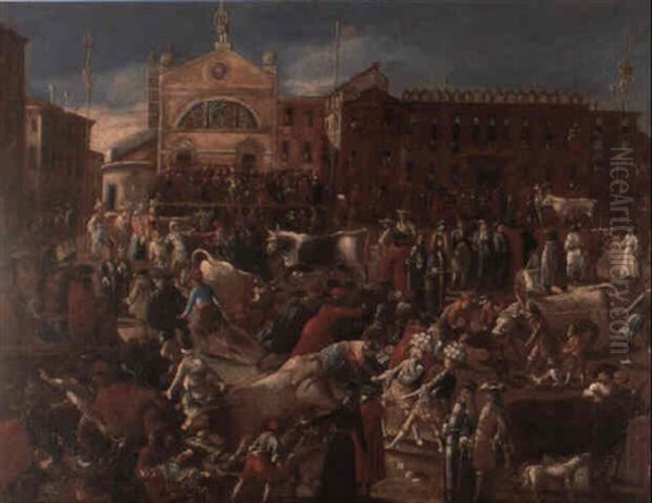 Die Stierjagd Auf Dem Campo San Polo In Venedig by Joseph Heintz the Younger